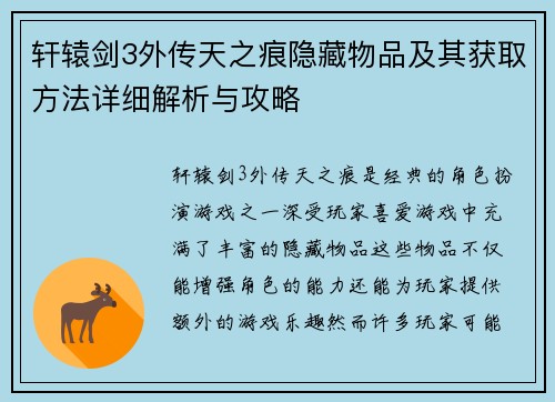 轩辕剑3外传天之痕隐藏物品及其获取方法详细解析与攻略